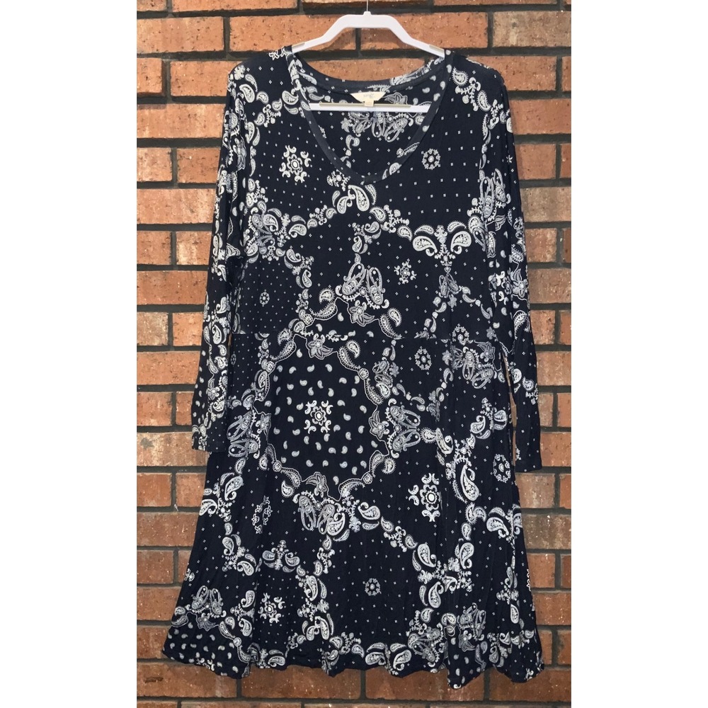 Terra & Sky Womens Dark Blue Paisley Scoop Neck Shift Dress Size 1X